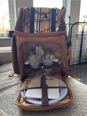 Insulated Picnic Backpack Set in Tan with Striped Interior